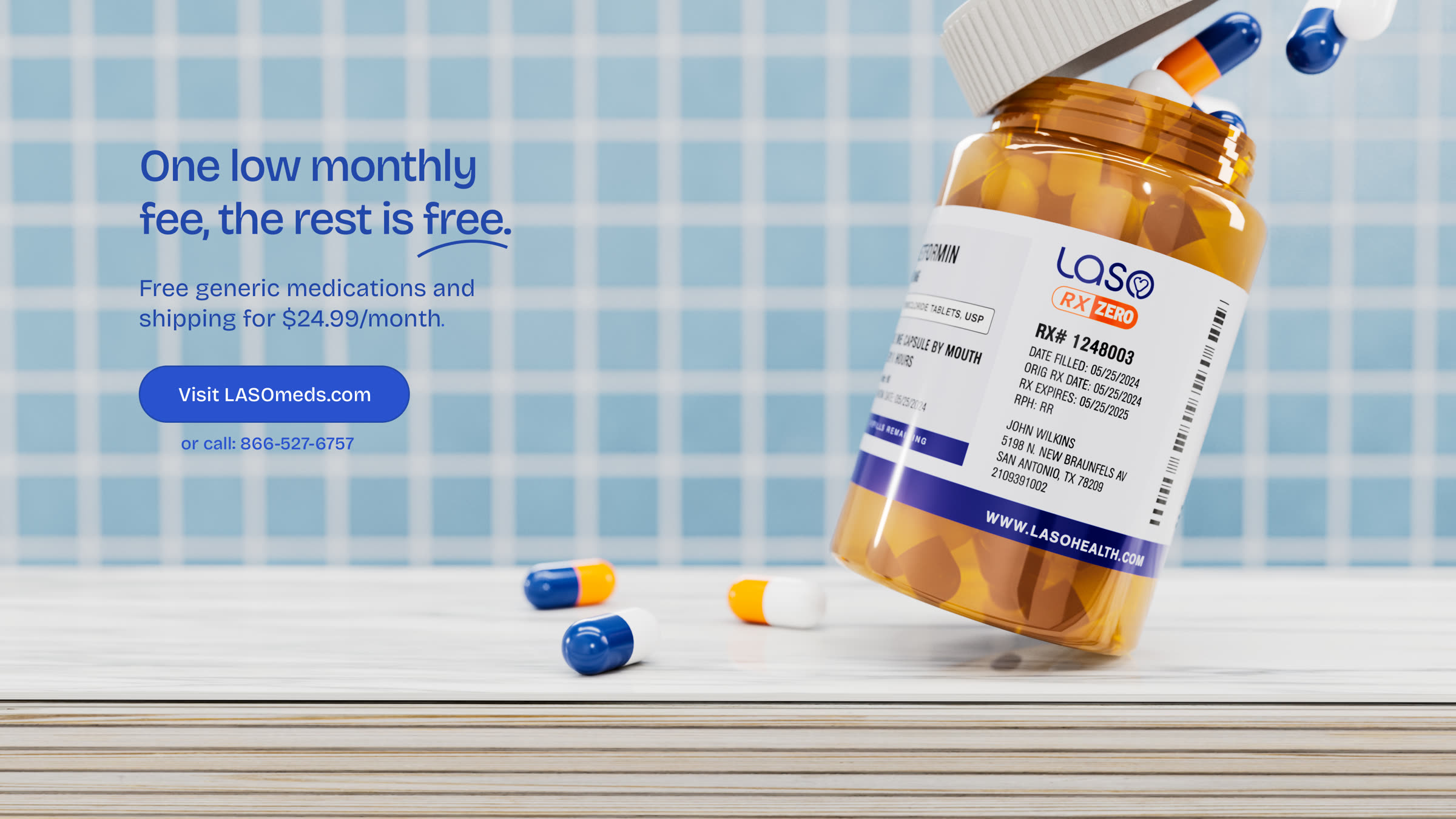 Laso Health campaign key art reading one low monthly fee, the rest is free